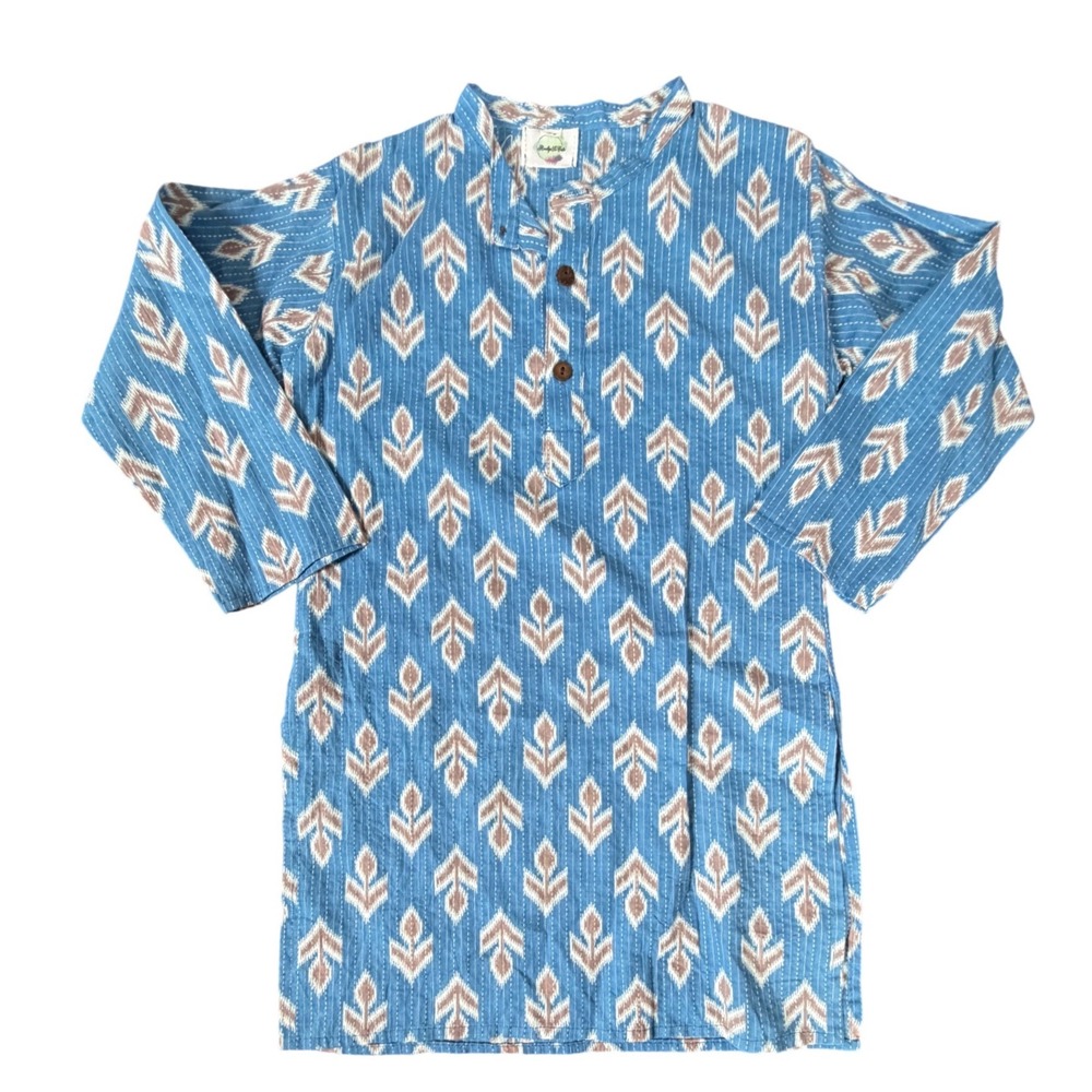 Really So Cute Blue Ikat Print Kurta ‎ Top Size 24 Kids Long Sleeve Wood Button
